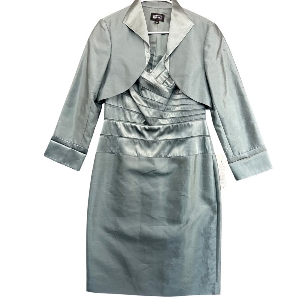Adrianna Papell Metallic Sage Green Satin Sheath Bolero Jacket Dress Set Women 8